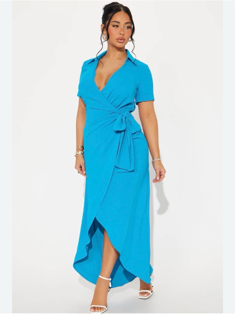 NWT! Fashion Nova Nina Surplice Maxi Dress Blue Wrap Tie Short Sleeve Size M